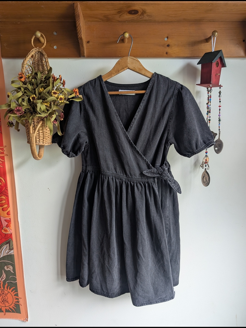 Zara Black Wrap-Style Denim Kids Dress with Puff Sleeves